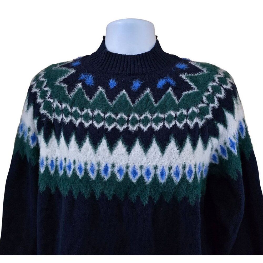 Fair Isle Sweater Navy Blue & Green tribal print boho cottagecore peasant soft - Picture 3 of 5